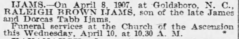 Raleigh Brown Ijams death notice from The Baltimore Sun, 10 April 1907