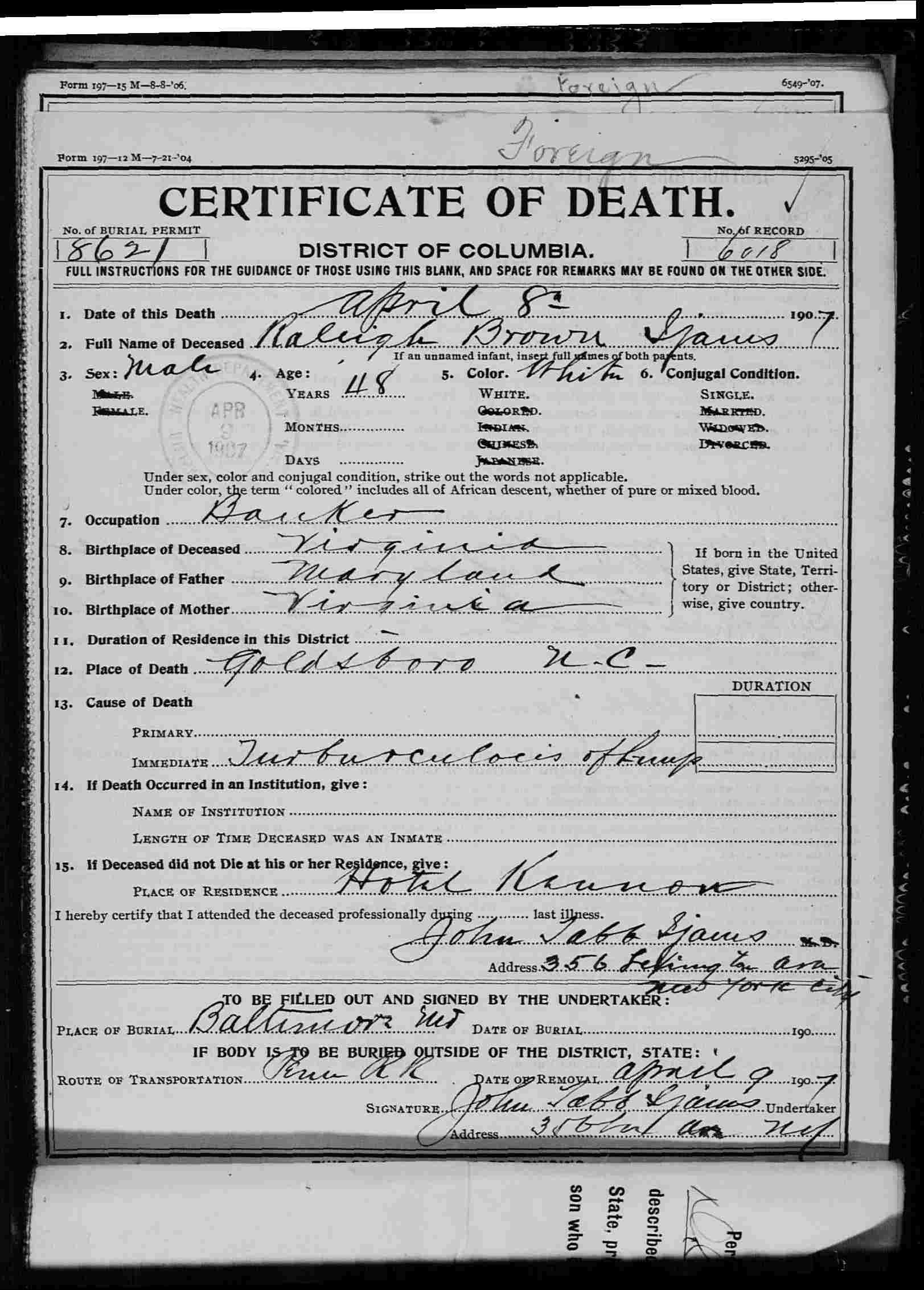 Raleigh&rsquo;s death certificate